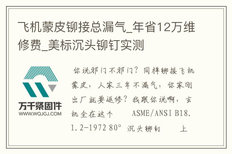 飛機蒙皮鉚接總漏氣_年省12萬維修費_美標(biāo)沉頭鉚釘實測