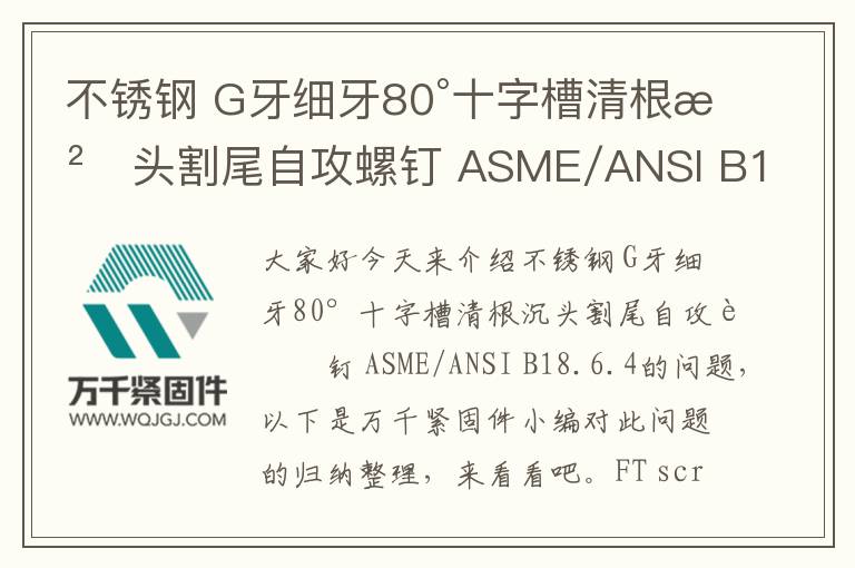 不銹鋼 G牙細牙80°十字槽清根沉頭割尾自攻螺釘 ASME/ANSI B18.6.4